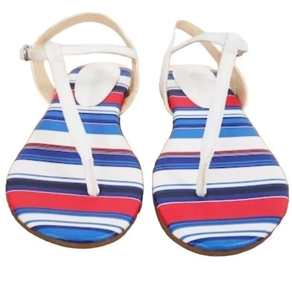NEW Nine West Leather Zowieo Red White‎ Blue Striped Flat Strap Sandals  SZ 6.5